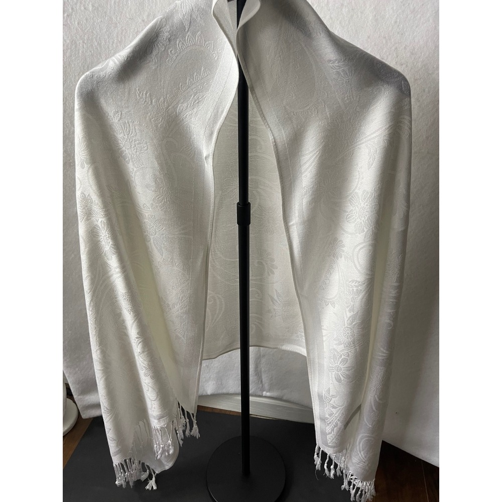 100% Cashmere White Floral Paisley Jacquard Shawl Wrap Scarf with Fringe